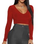Women's Cotton Readymade Stretchable V Neck Long | Full Sleeve Crop Top for Women L431